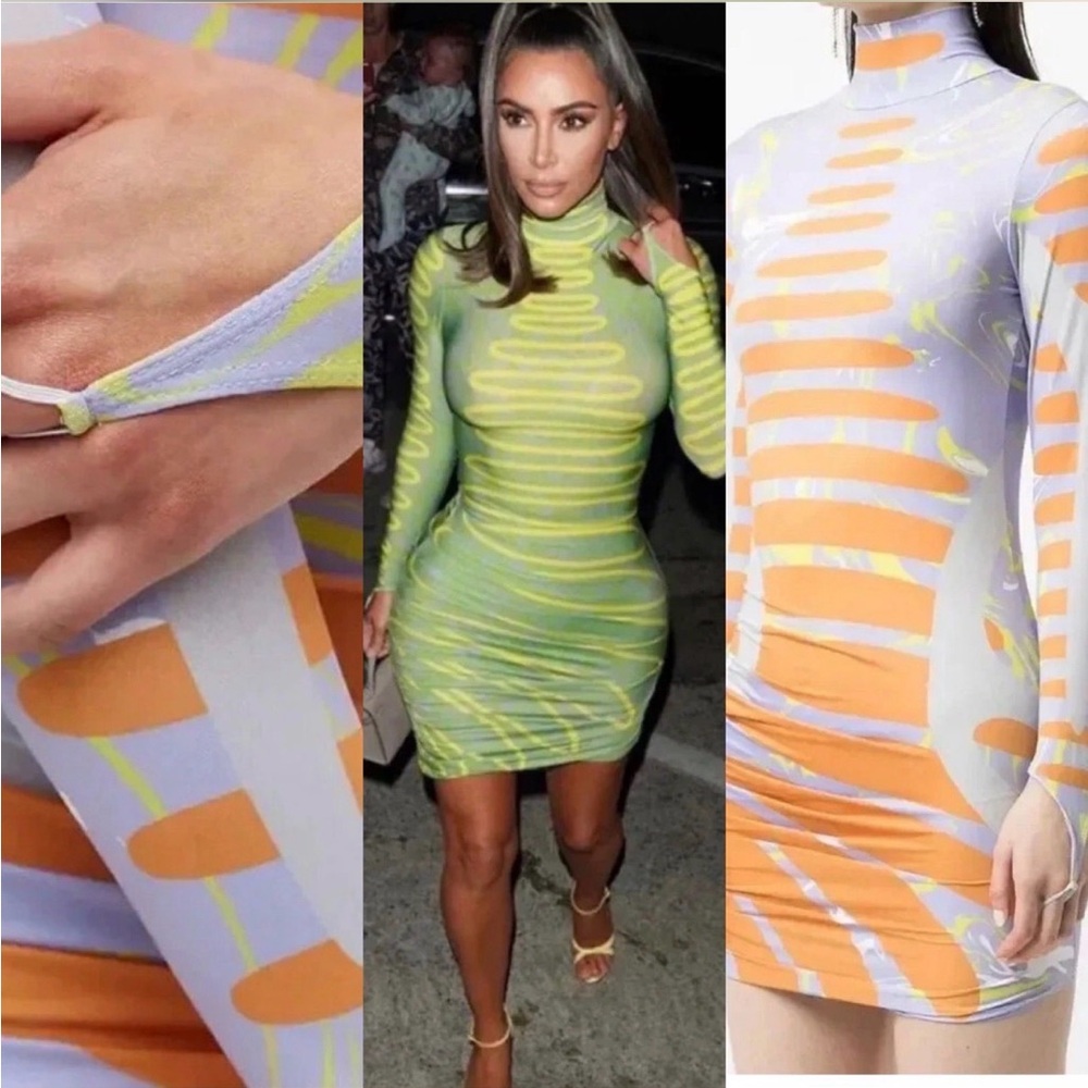 NWT $650 Long Sleeve Bodycon Mini Dress in Lime Green and Lavender as seen on KK